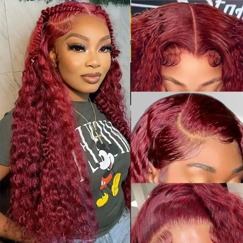 99j Burgundy 13x4 13x6 Full Frontal Lace Preplucked Colored Deep Wave Frontal Wigs HD Transparent Lace Human Hair Wig 34 36 Inch