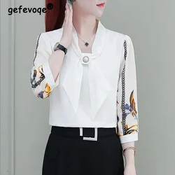 Korean Fashion Elegante Chic Perlen Bogen Drucken Schlank Top Bluse Frauen Frühling Sommer Beiläufige Halbe Hülse Shirts Blusas Mujer Kleidung