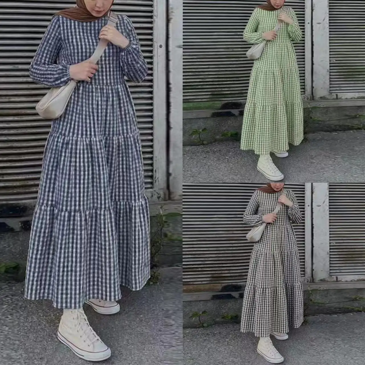 Vintage Plaid Checked Sundress Muslim Women Long Sleeve Ruffles Abaya Dubai Dress Robe Femme Holiday Islamic Clothing