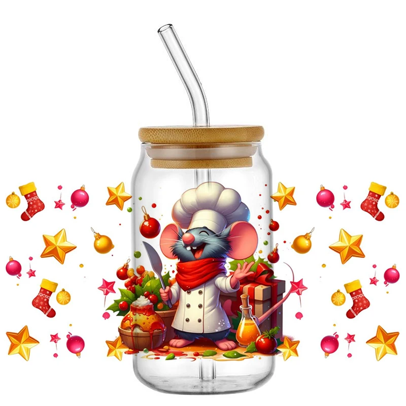 Christmas Cartoon Mouse Chef Decal 16oz UV DTF Cup Wrap Transfers Libbey Wrap Xmas DIY Sticker Glass Selfadhesive Waterproof