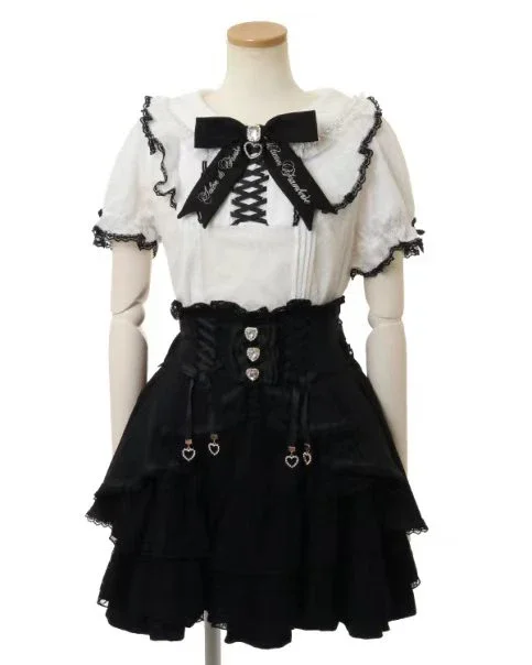 Chemisier japonais Lolita Sweet pour femmes, chemise à manches courtes, haut pour filles, dentelle biscuits, gros nœud, nouveau t-shirt d'été