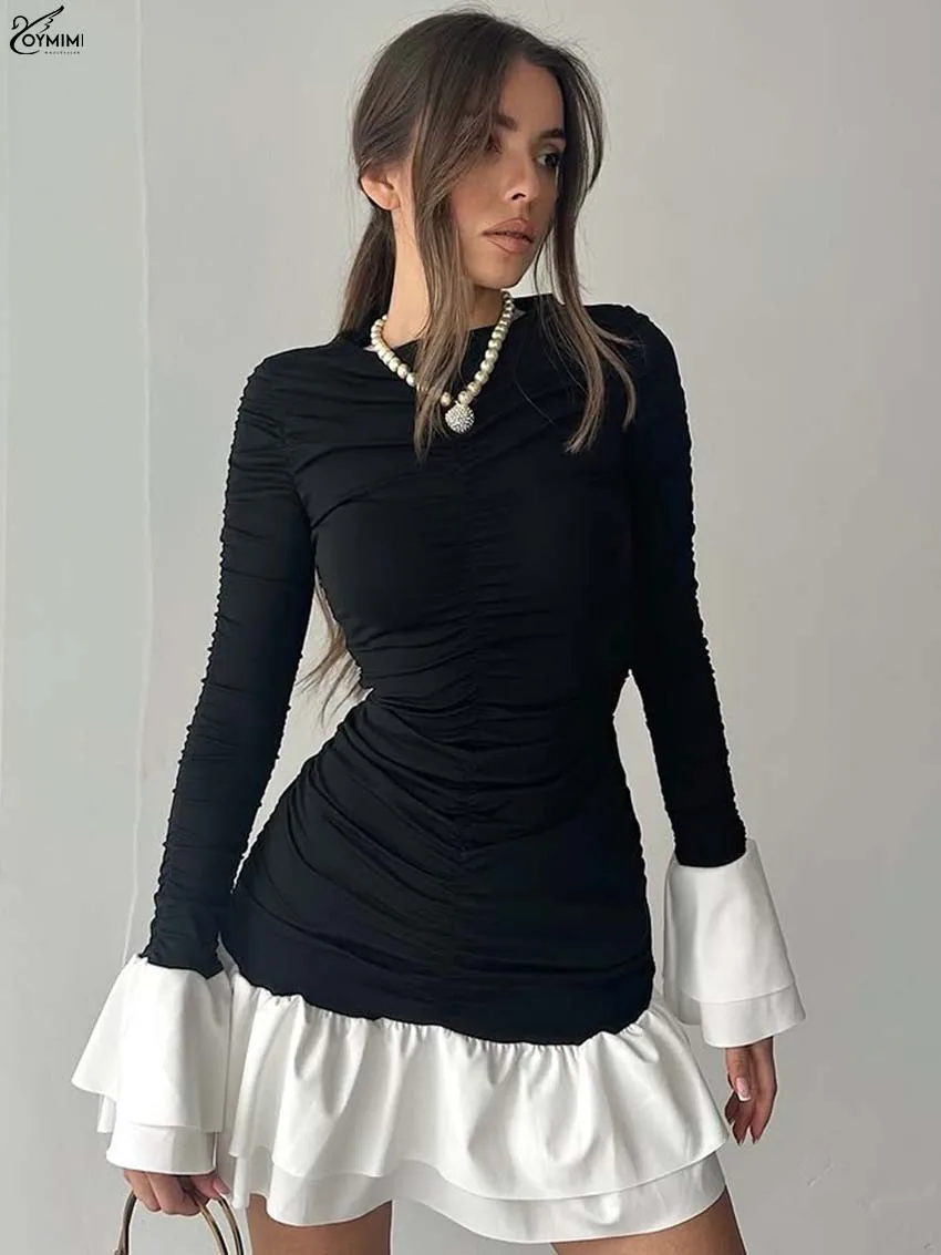 

Oymimi Casual Black Patchwork Women's Dress Fashion O-Neck Long Sleeve Ruffled Dresses Elegant Pleated Mini Dresses Streetwear