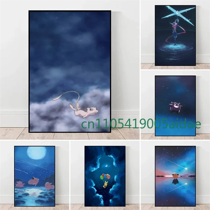 

Pokemon Anime Figures Pikachu Gengar Under The Starry Sky Watercolor Painting Canvas Posters Prints Wall Picture for Living Room