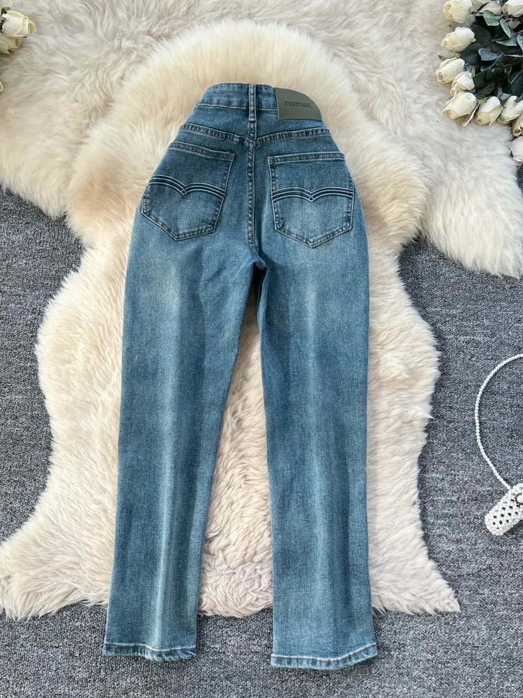 Retro Waed Denim High Waist Straight Leg Pants Women's Casual Slimming Jeans Korean Faion Autumn New Sle