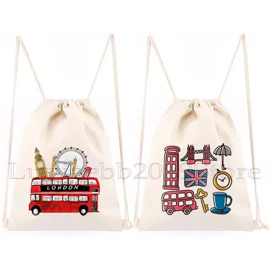 

British London Bus Big Ben Bridge England Flag Phone Booth Skyline Print Drawstring Bag Backpack Gym Sackpack Gift String Bags