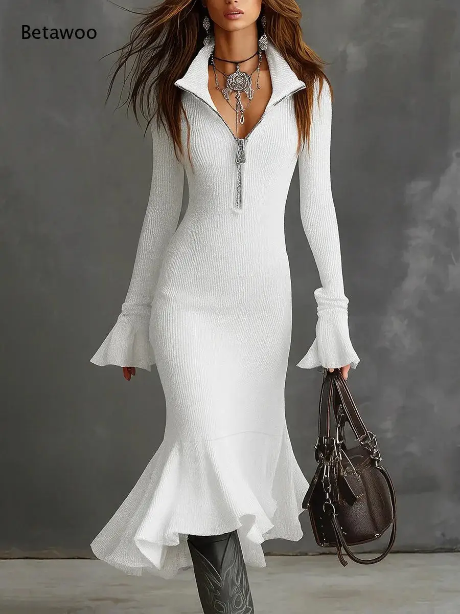 Ladies Slim Fit Knit Mermaid Dress Half Zip V Neck Flared Long Sleeve Stretchy Sweater Dress Perfect for Casual Outing