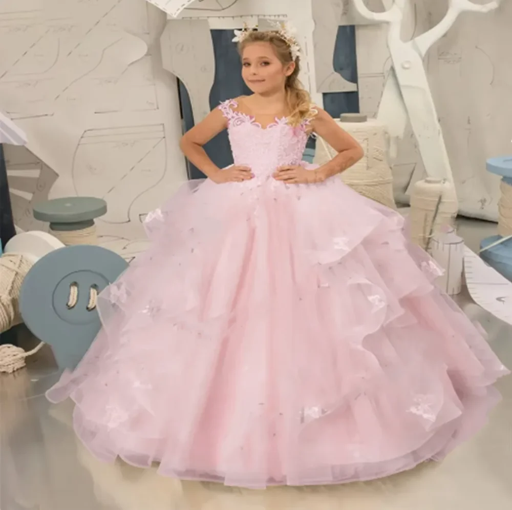 

Gorgeous Flower Girl Dress Lace butterfly Appliques Pleated Tiered Tulle Dresses For Wedding Birthday Party First Communion Gown