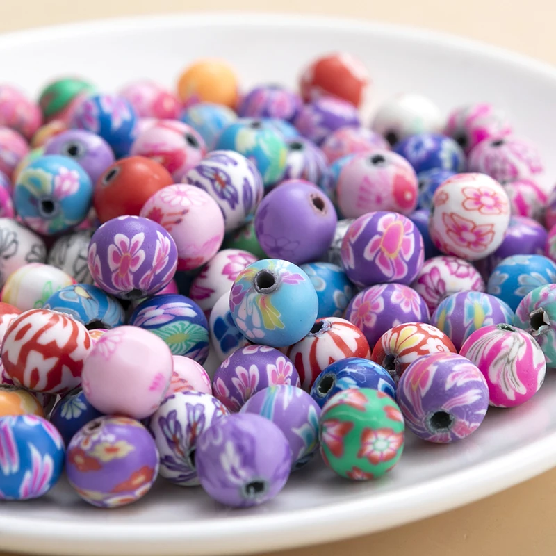 50pcs/lot Mixed Polymer Clay Flower Pattern Printing Beads Round Loose Bead DIY Bracelet for Jewelry Making Accessories