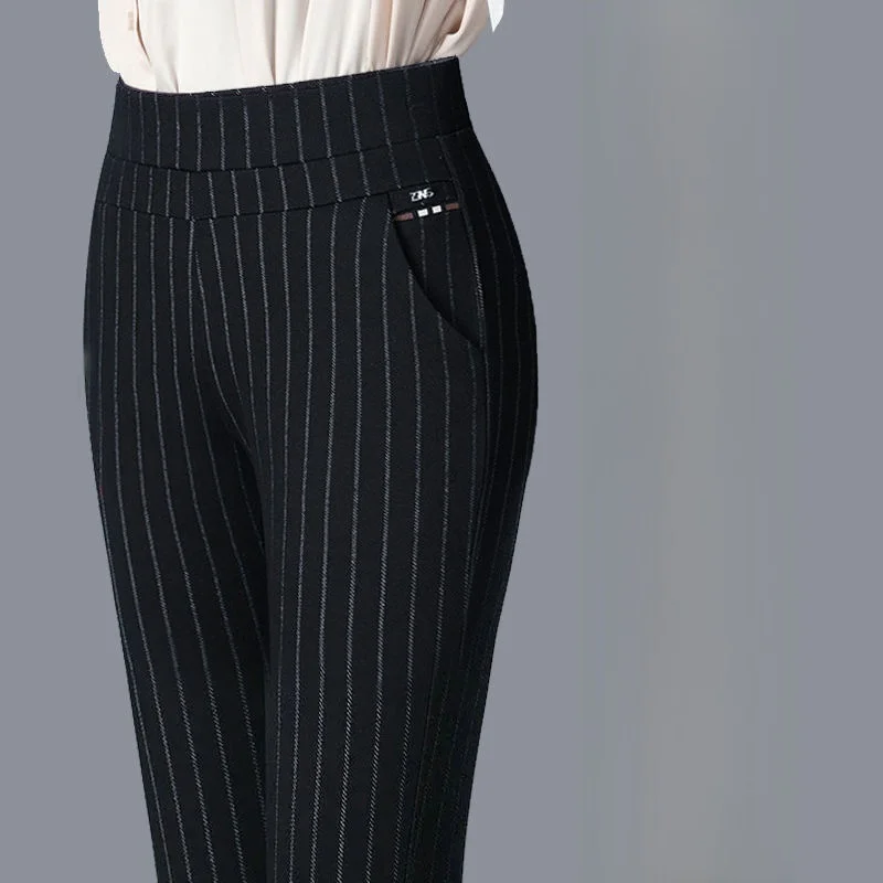 New Women's High Waist Elastic Waist Thick Casual Pants Striped Slimming Straight Leg Long Trousers Spring Fashion Casual Wear