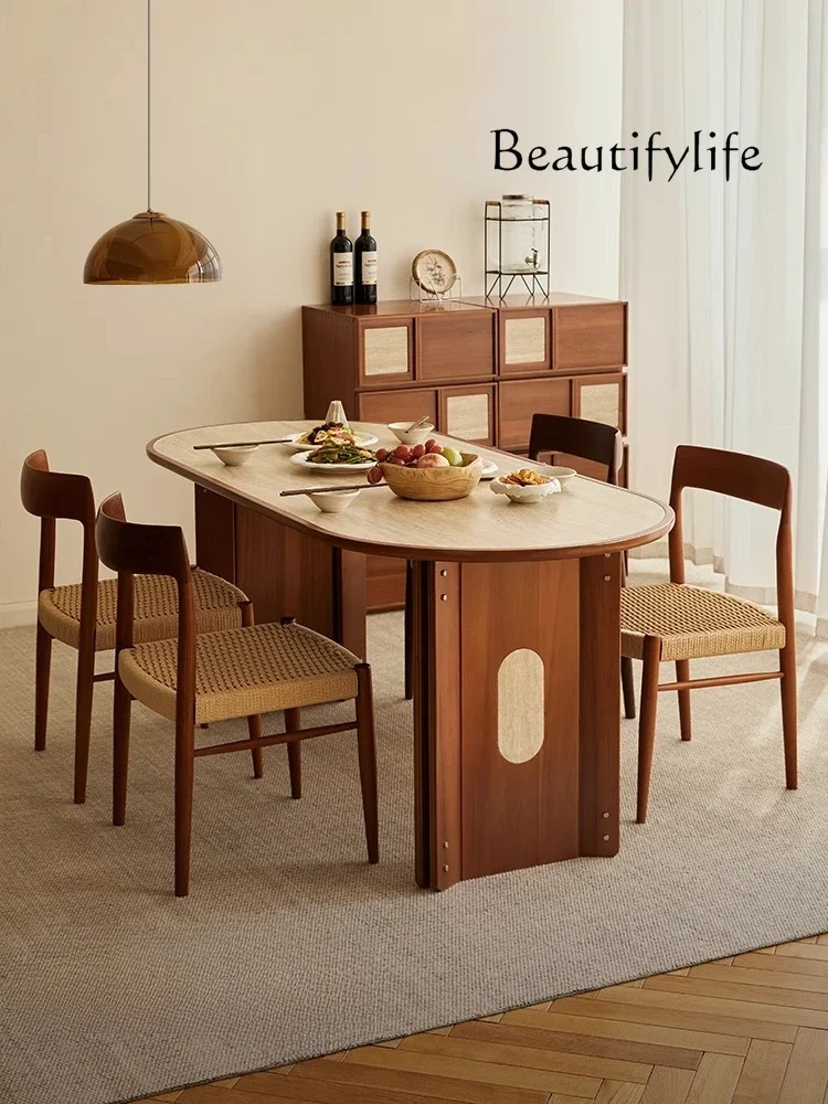 

in the ancient style rock slab solid wood living room household dining table Modern simple Yuewan oval travertine dining table