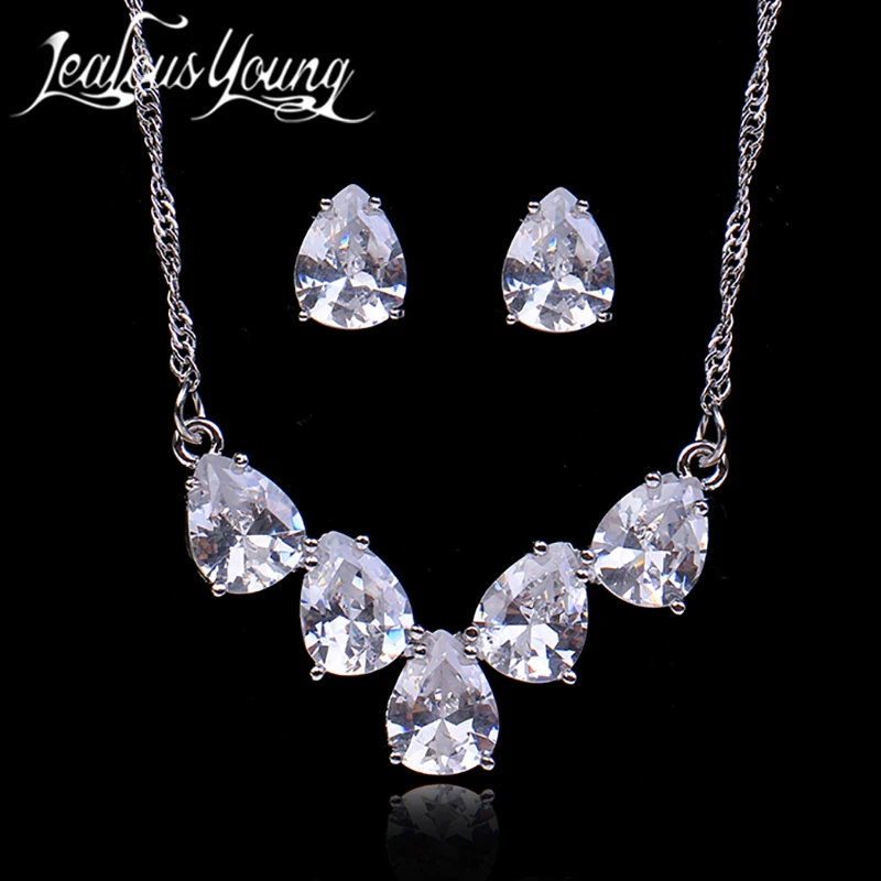 Elegant Zirconia Pear Shape Earrings Pendant Necklace Set Bridal Jewelry for Women Wedding Anniversary Gift