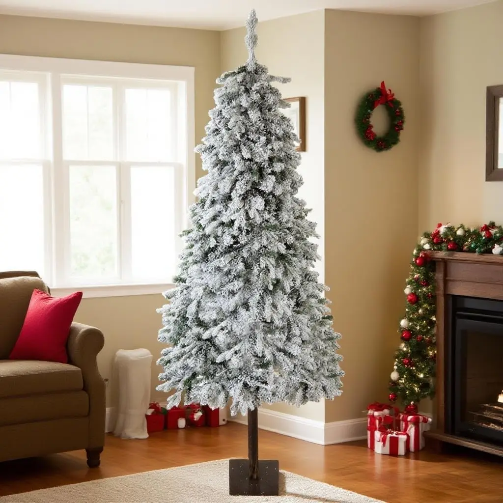 7ft Pre-Lit Snow Flocked Christmas Tree Realistic Snow Effect Artificial Pine Xmas Tree With Built-in LED Lights For DIY Living Room Entryway Holiday Home Decor