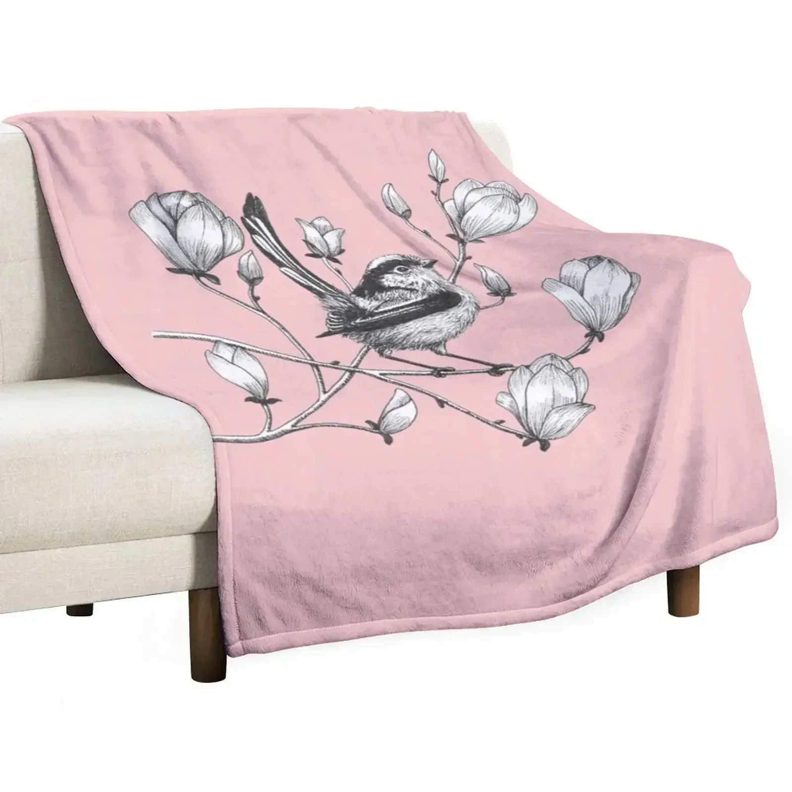 long tailed tit on magnolia tree Throw Blanket for sofa Winter beds Hairys Blankets