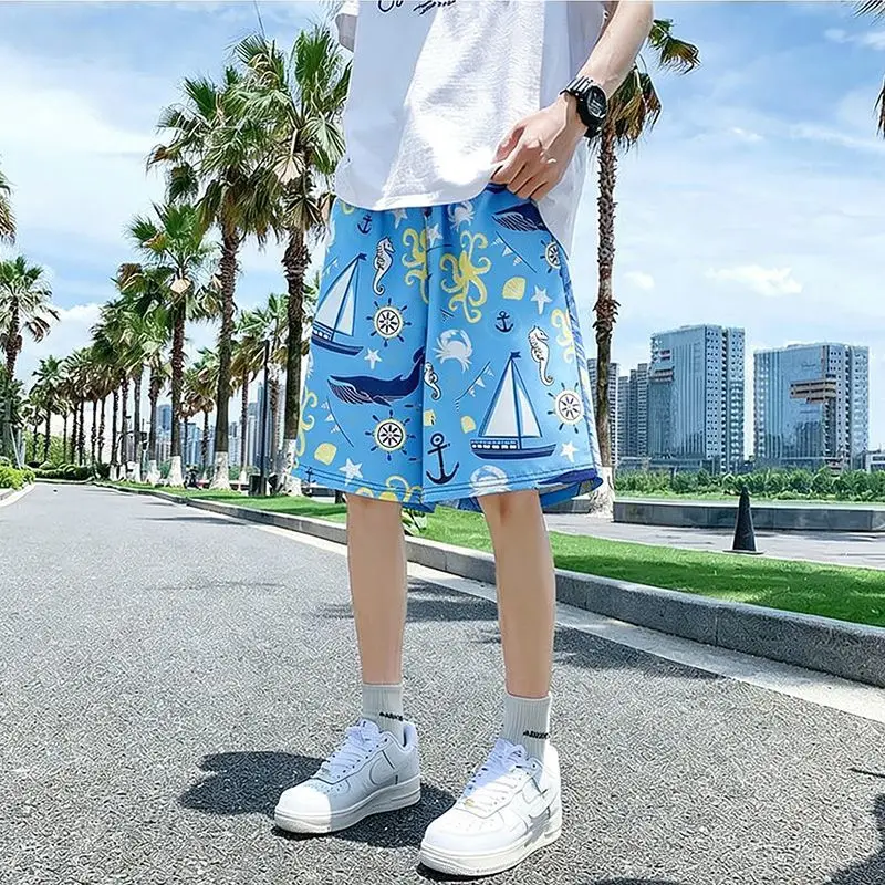 Men's Summer Ice Silk Shorts Breathable Loose Fit Printed 5 Inch Inseam Casual Sports Beachwear