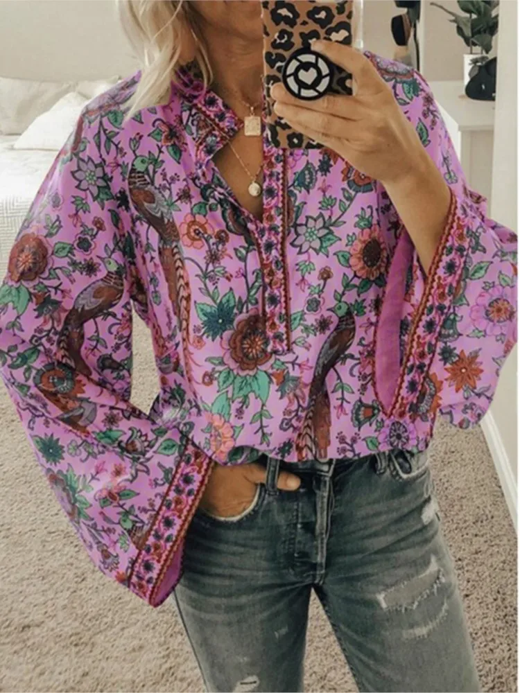 Spring Autumn New Women\'s Fashion Printed Shirt Button Long Sleeve Stand Up Collar Casual Comfortable Loose Shirt