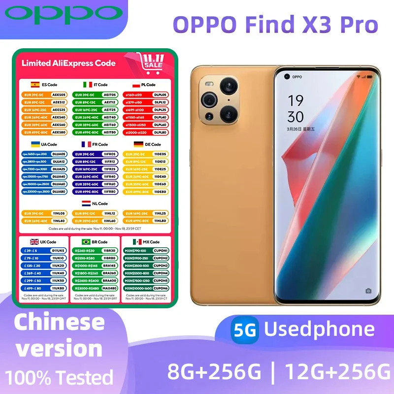 OPPO Find X3 Pro 5g SmartPhone Android CPU Snapdragon 888 12GB 256GB 6.7inch 120Hz Screen  65W Super VOOC2  Play used phone