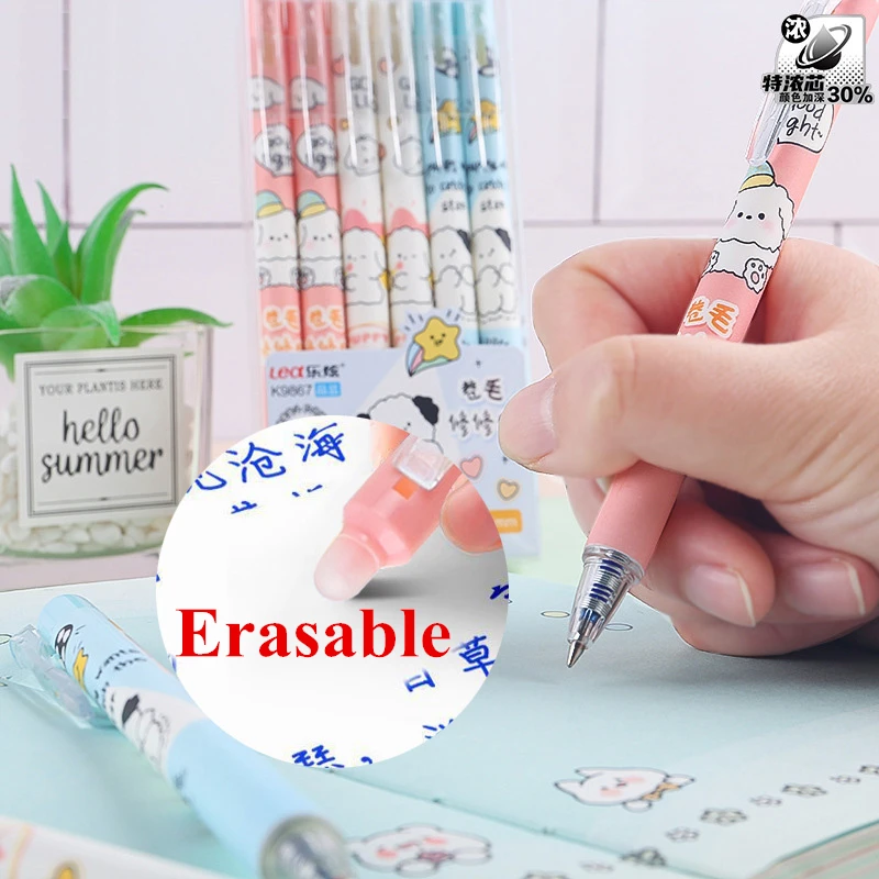 Kawaii 0.5mm Erasable Gel Pens Set with Refills Black Blue Ink Built-in Eraser Gril Cute Office Supplies and Exam Stationery Kit