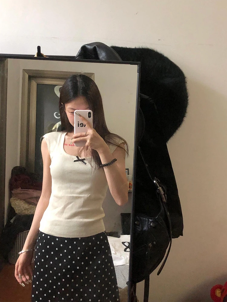 

Slim Fit ort Sve T-irt Women Summer 2024 New Sle Square Collar Knot ort Length Flng Sve Ele Top