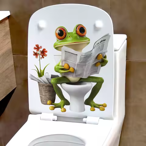 1PC Funny Frog Reading Newspaper Toilet Sticker, Bathroom Creative Decor Self-Adhesive Decal