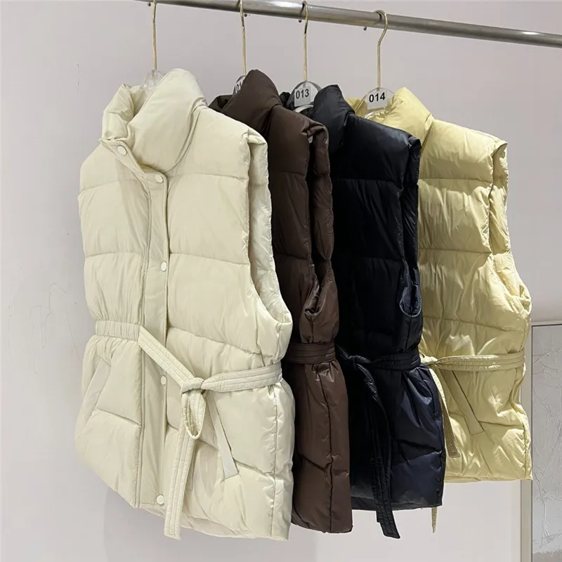 With Belt Winter Stand Collar Down Waistcoat Jacket Women Warm Light Thin White Duck Down Vest Lady Short Loose Sleeveless Tank