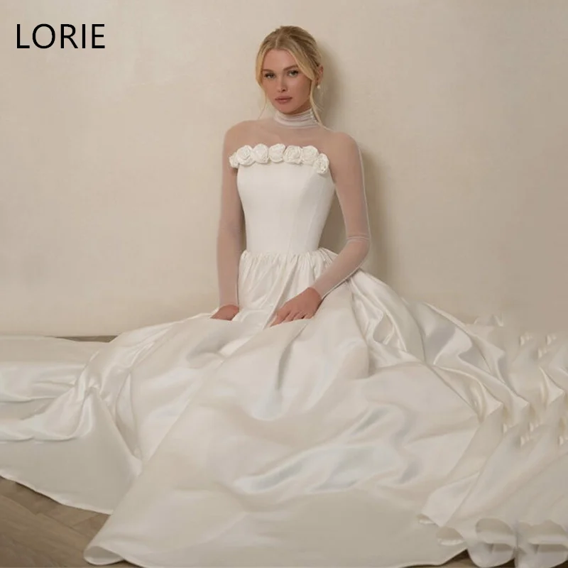 

LORIE Tulle Satin ALine Wedding Dresses Full Sleeves High Neck illussion Elegent Bridal Gown Floor-Length Bride Gowns Customized