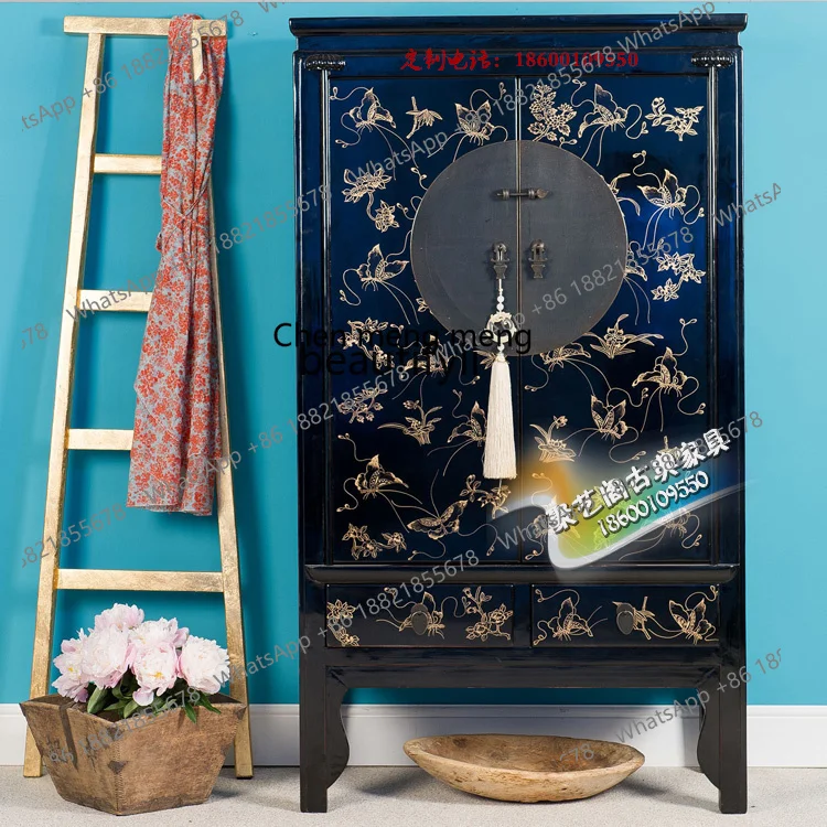 New Chinese solid wood hand-painted gold-painted butterfly wardrobe painted large wardrobe black locker