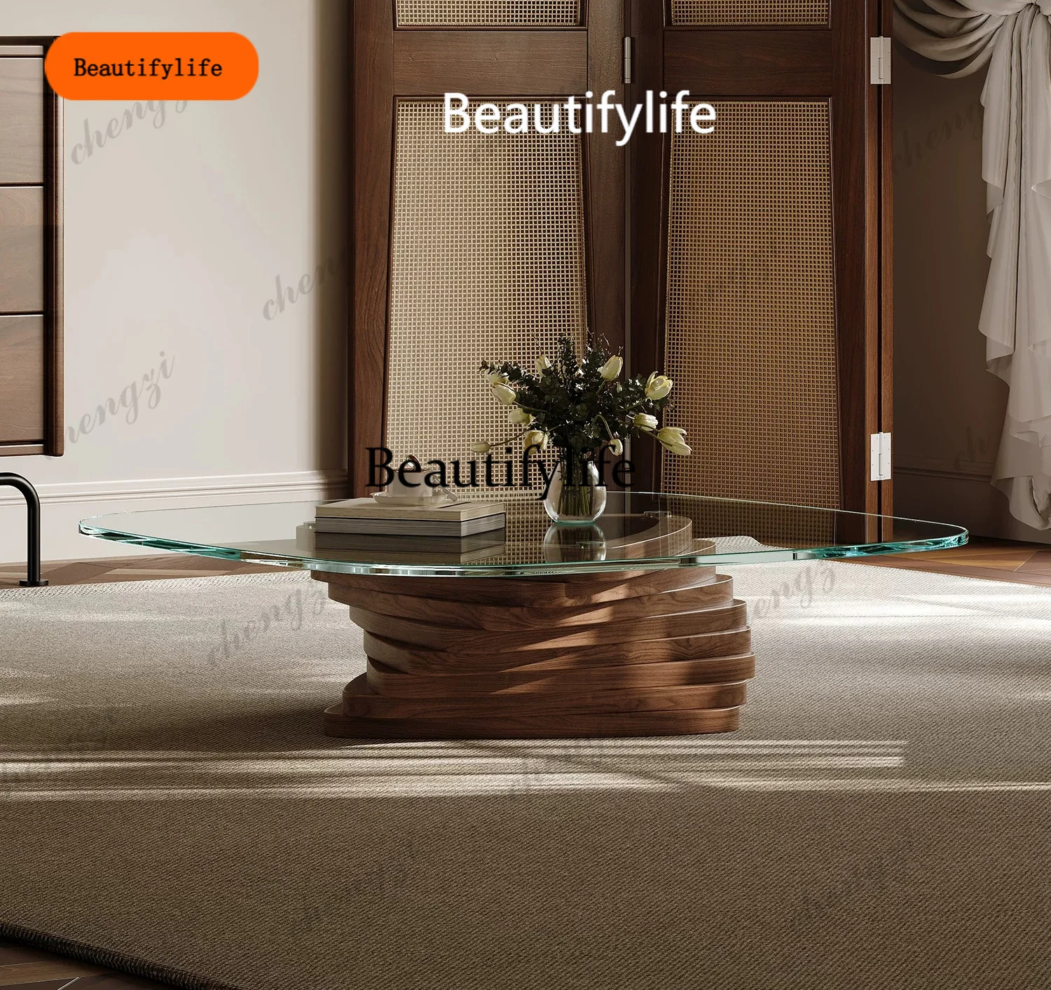 

B567 Vintage-style coffee table, square living room glass, light luxury and high-end design, designer solid wood