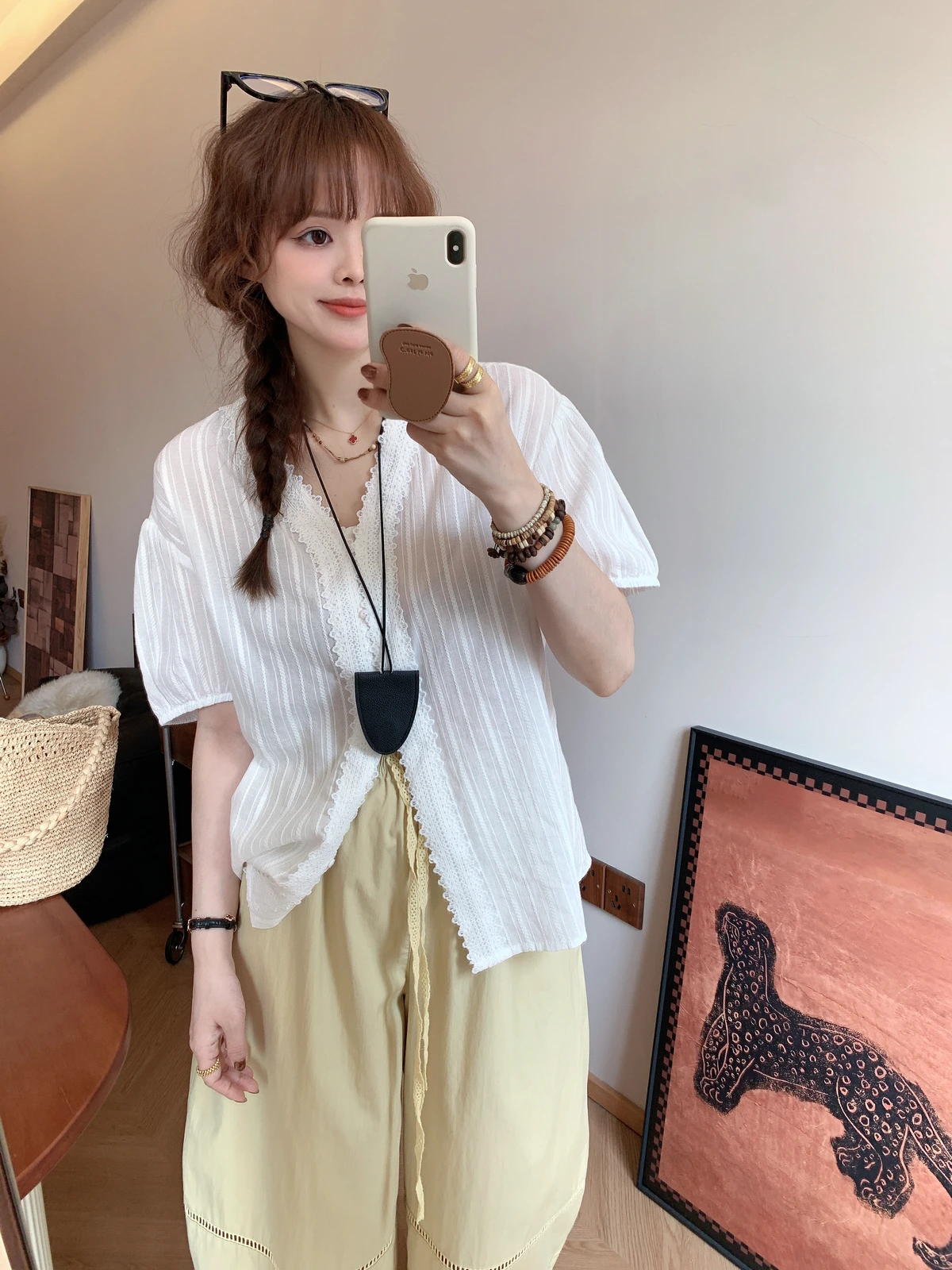 

Ретро кружево Splice V-Ne Bubble Sve ort Sve irt Женский свободный крой для поездок на работу Sle Sweet Wind Хлопок Тонкий Cool Sensation