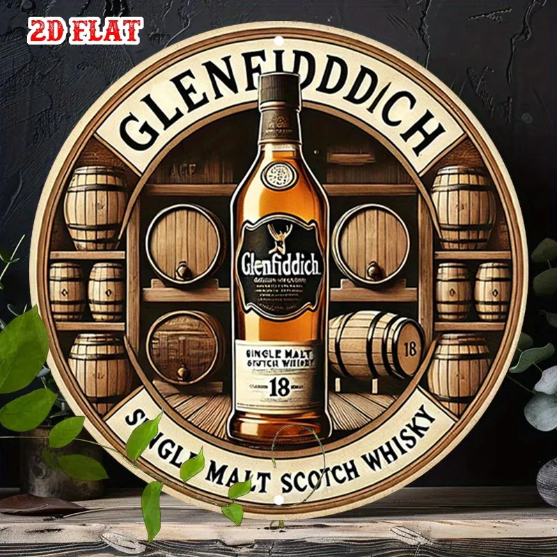 Letrero Metálico de Aluminio HD, Decoración de Pared Redonda Vintage con Diseño de Whisky Glenfiddich, Póster de Metal con Diseño de Barril de Whisky Retro para el Hogar