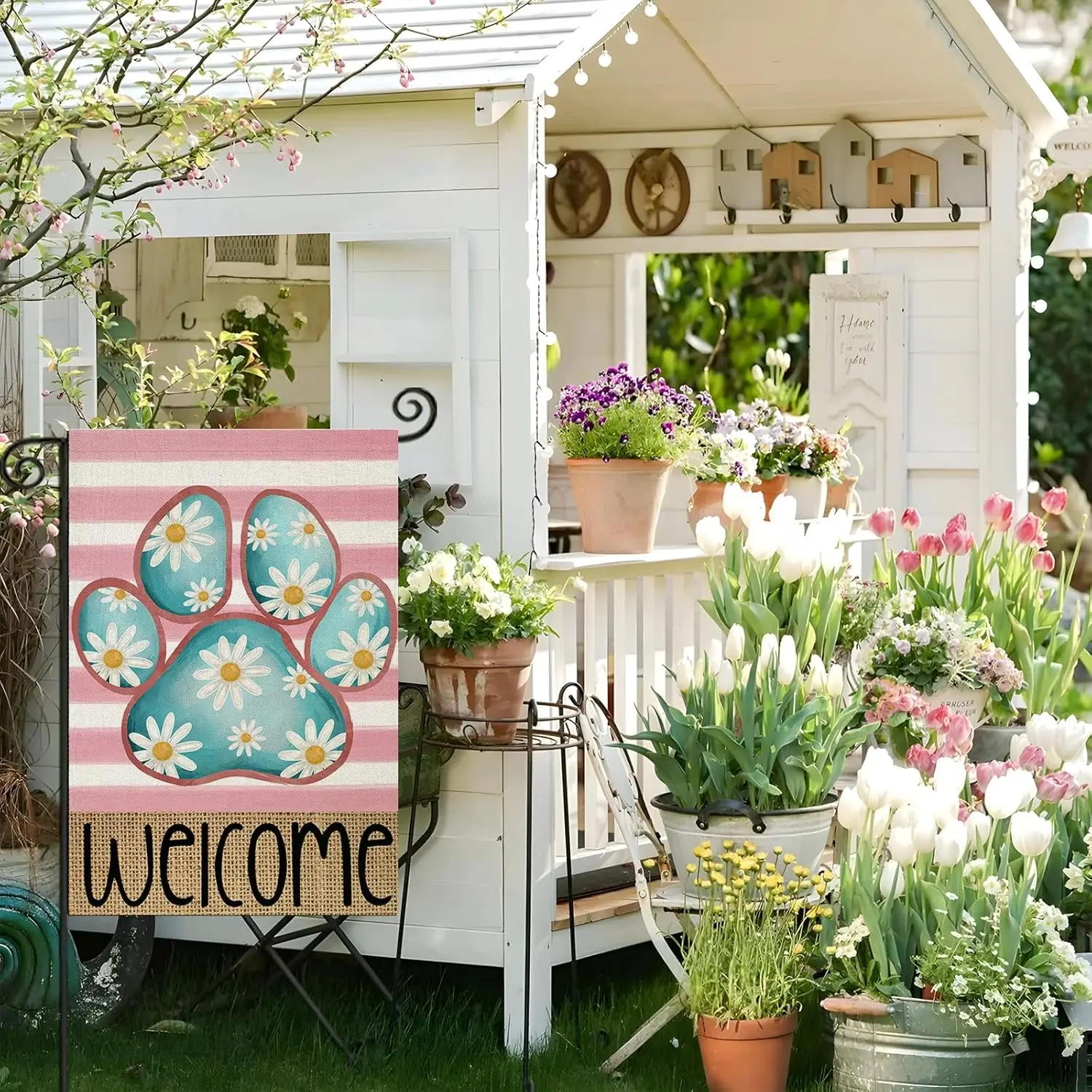 Welcome Spring Garden Flags for Outside, Dog Paw with Daisy Flowers Stripes Yard Decoration, Small Seasonal Outdoor Decor fo PPM