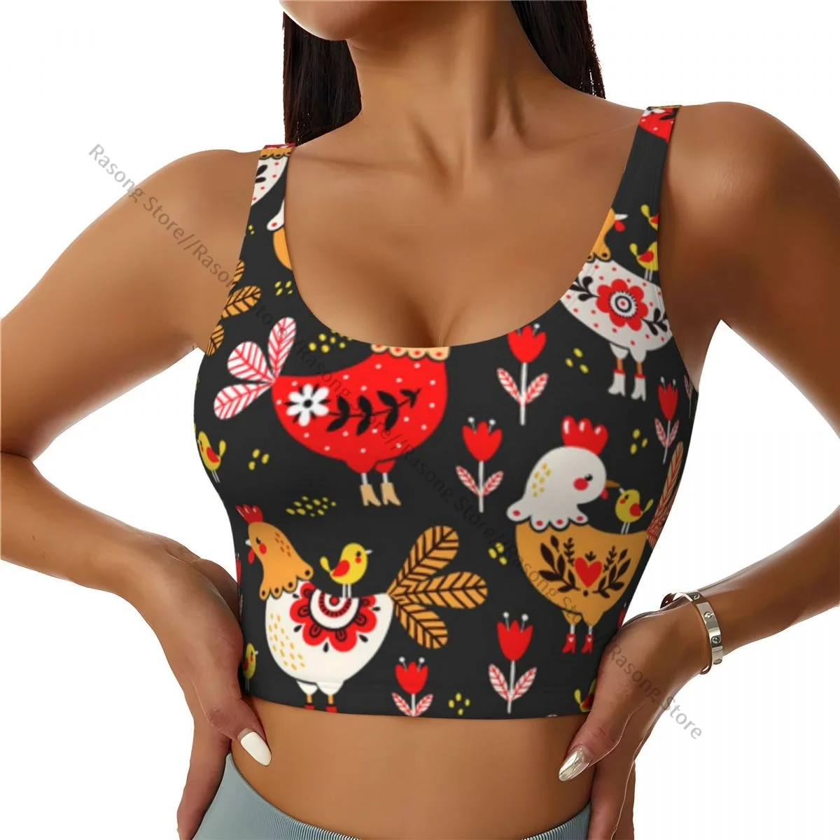 

Women Sexy Sports Vest Rooster Hens And Chickens Background Female Streetwear Sport Lingerie Tee Crop Top