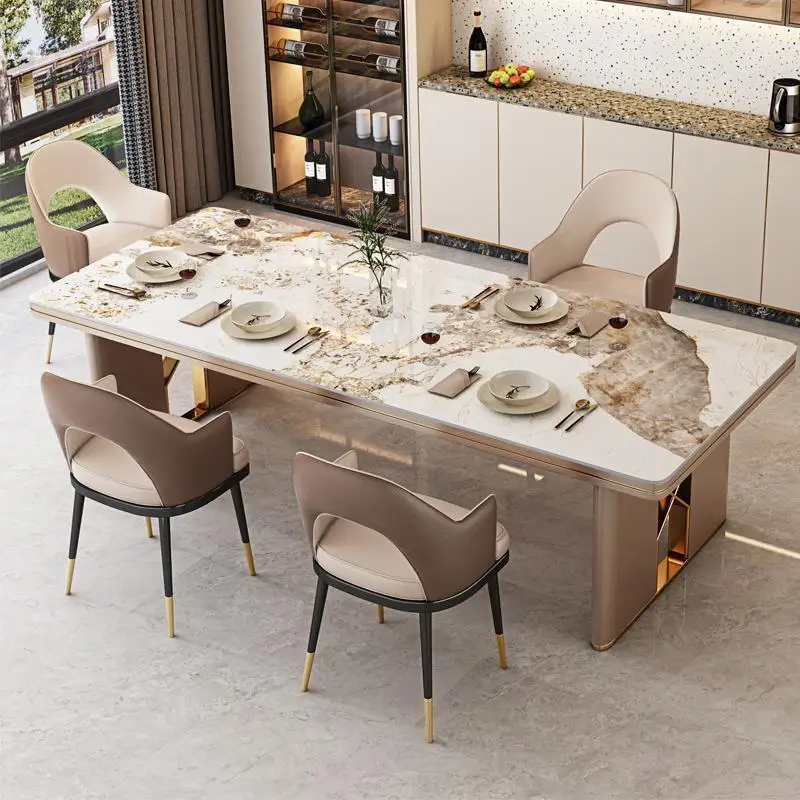 

HYS light luxury bright rock slab dining table and chair combination modern simple villa rectangular family dining table
