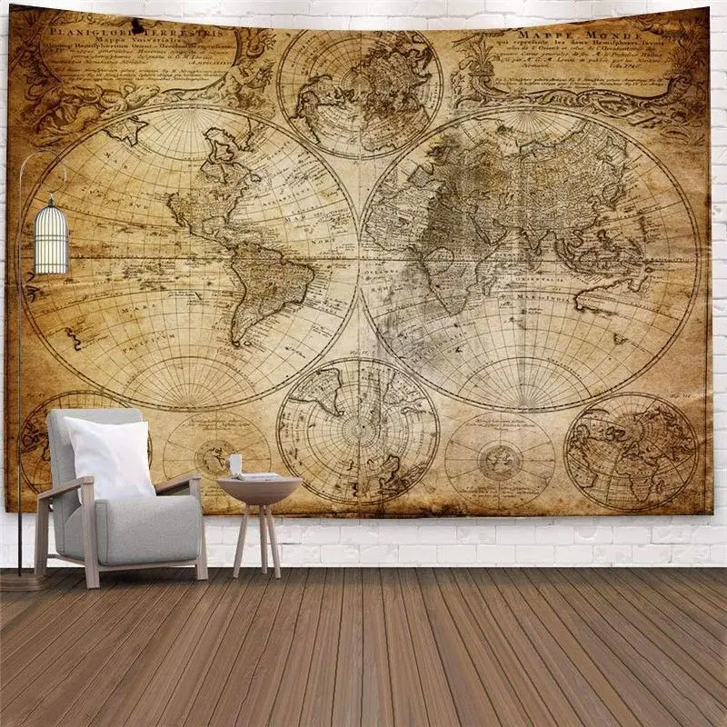 VIKAMA Polyester Vintage Antique World & Asia Map Tapestry, Retro Travel Wall Hanging, Study Bedroom Decor, Gift