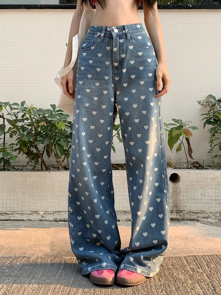 2026 Ropa Y2K Mode mit Herzmuster Bedruckte Baggy Jeans für Damen Kleidung Weites Bein Kpop Casual Damenhose Pantalon Femme – Detail 10