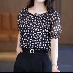 Camisa de gasa de un hombro para mujer, blusa informal de manga corta con estampado de lunares, versátil, moda coreana, Verano