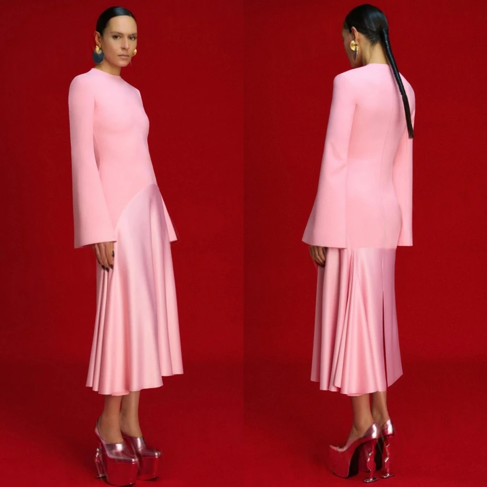 Customized Simple Pink Satin Evening Dress Classic O-Neck Long Sleeves Celebrity Gowns Fashion Straight Tea Length Prom Dresses