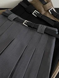 Fashionable Retro Pleated Mini Skirt High Waist A-Line with  Belt Korean Sle Women's Short Skirt Commute Sle