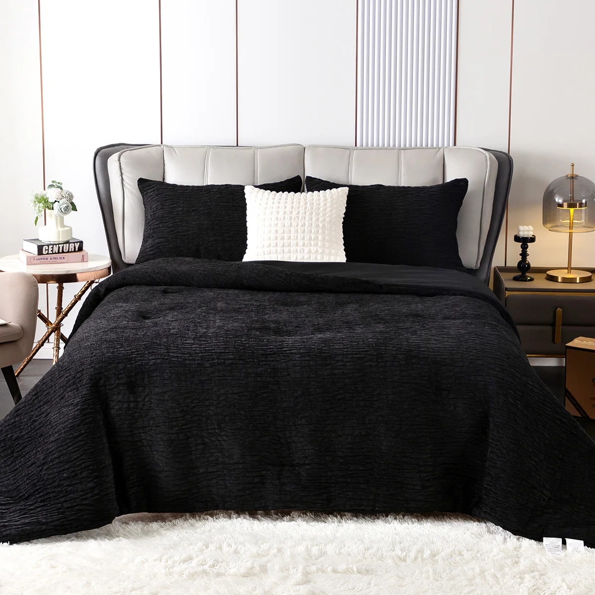 

Luxury Reversible Chenille Cotton Comforter Sets black Soft Textured Stripe Modern Bedding Down Comforter,Lightweight All Season