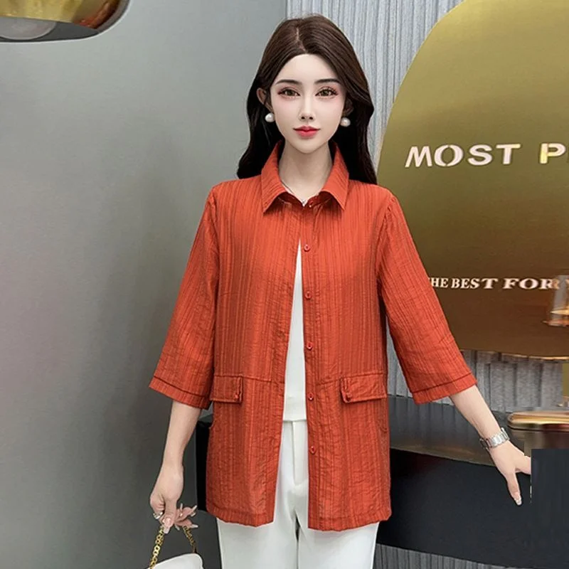 

Women's Linen Shirt Summer Mid-length Mom Wear Casual Button Down Blouse