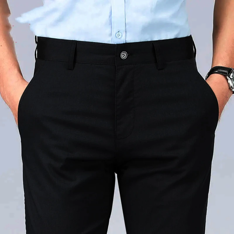 Linen Men's Casual Pants Summer Thin Solid Color Suit Pants Business Straight Loose Button Zipper High Waisted Wide Leg Trousers