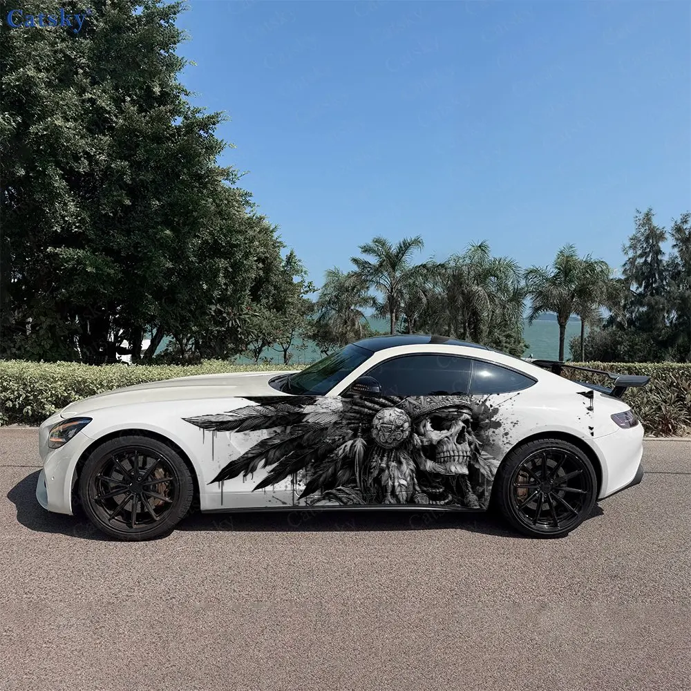 2PCS Splash Tribal Skull Car Side Wraps, Self-Adhesive PVC Waterproof & Scratch-Resistant Stickers, Car Accessory Gift