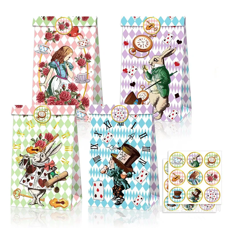 12/24/36Pcs Cartoon Alice in Wonderland Gift Paper Bags With Stickers Alice Birthday Candy Packing Bags Kids Girl Party Supplies