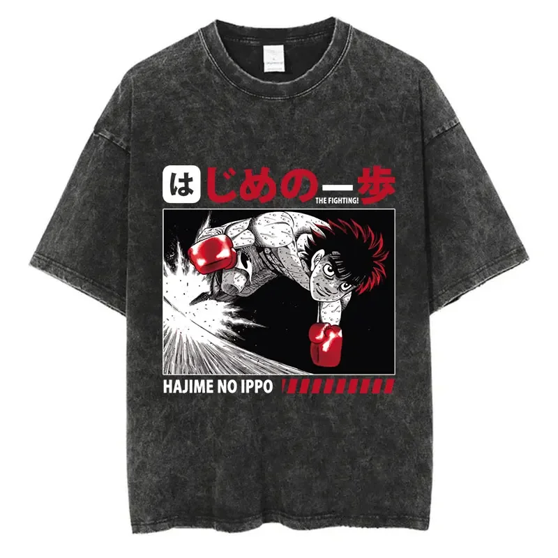 Vintage Cotton Washed T-Shirt Anime Hajime No Ippo Kamogawa Boxing Gym Loose T Shirts Men Women Y2K Hip Hop Summer Top Tee