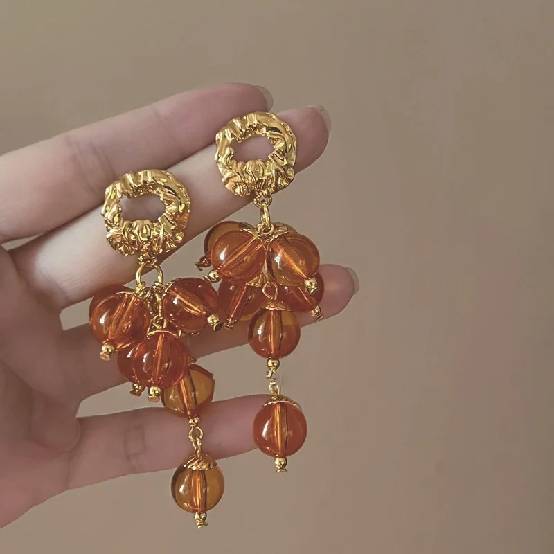 French Vintage Beaded Tassel Earrings Orange Bead Earrings