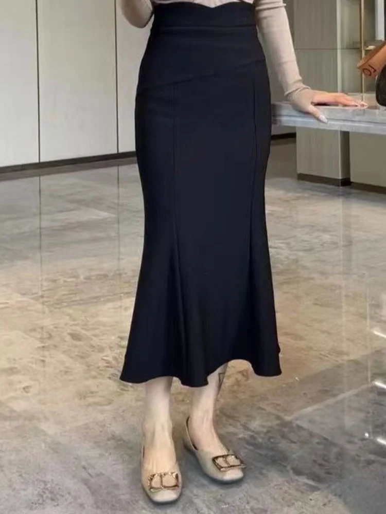Retro Hong Kong Style High Waist  Skirt Bodycon Black Fish Tail Skirt Women's Daily Wear Comfortable Fit A-Line Skirt