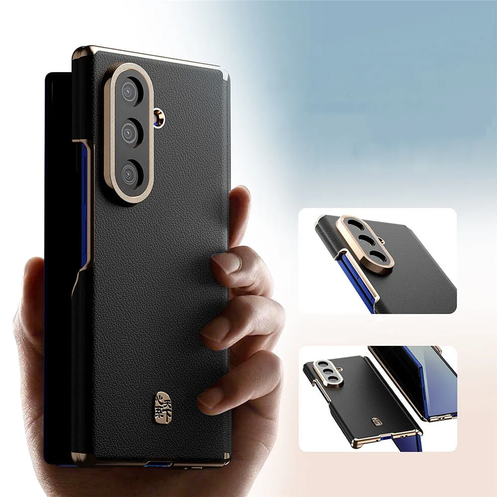 

Premium Cowhide Leather Double Hinge Back Case for Samsung Galaxy Z Fold7 Business Cover