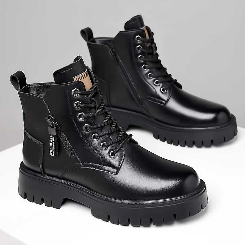 Botas altas de couro genuíno masculino, sapatos de algodão de pelúcia, botas curtas de neve de trabalho, antiderrapante, novo