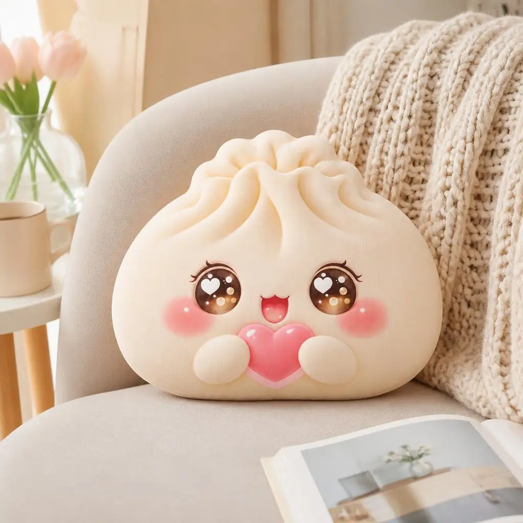 Cute Steamed Bun Holding A Lovely Pink Heart With Big Eyes Shaped Pillow Cushion Irregular Stuffed Throw Pillows Decoration