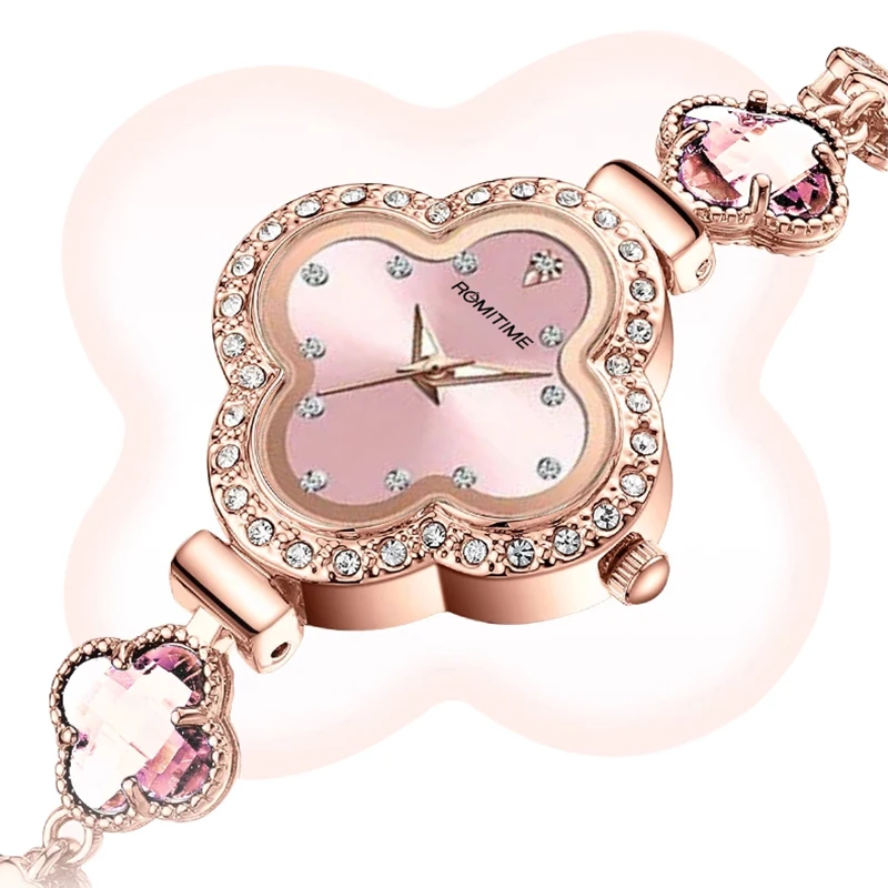 ROMITIME Luxury Women Quartz Watch Radiant Sunburst Dial Clover Bracelet  30M Waterproof Luminous Clock Watches for Lady