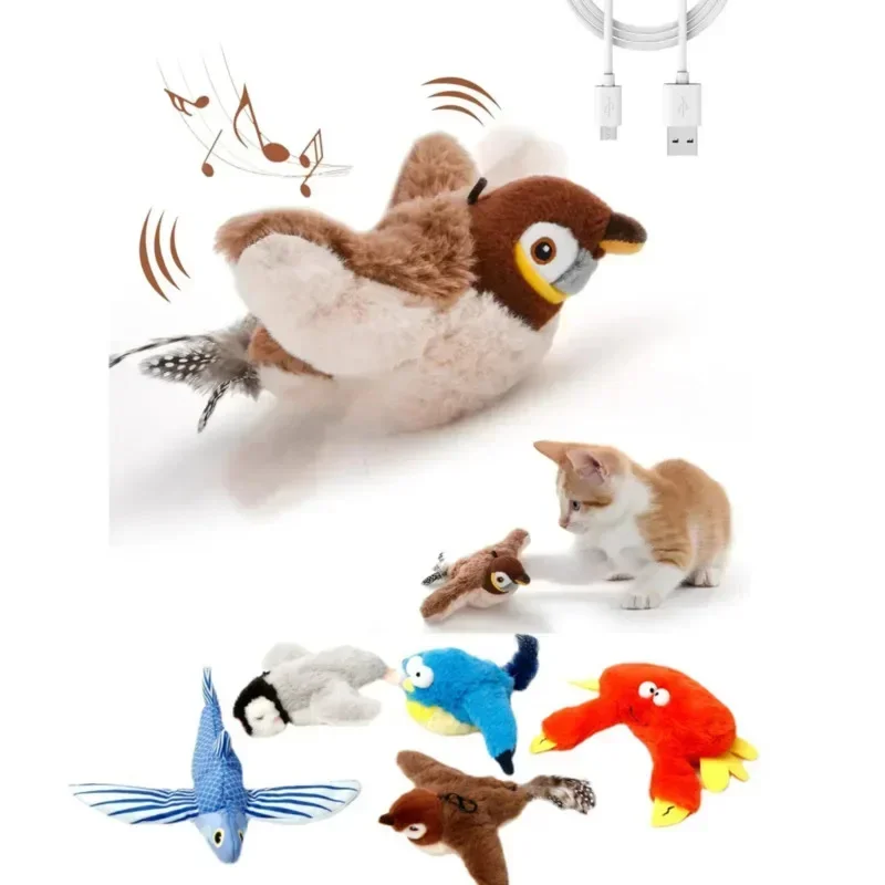Interactive Cat Toys learning hunting Rechargeable Chirping Flapping Bird with Catnip for Indoor Cats Touch Activated Plush Toy